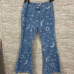 🌙✨ Rue 21Cosmic Dreamer BOHO Juniors XL Bell Bottom Jeans Star Moon & Sun Print